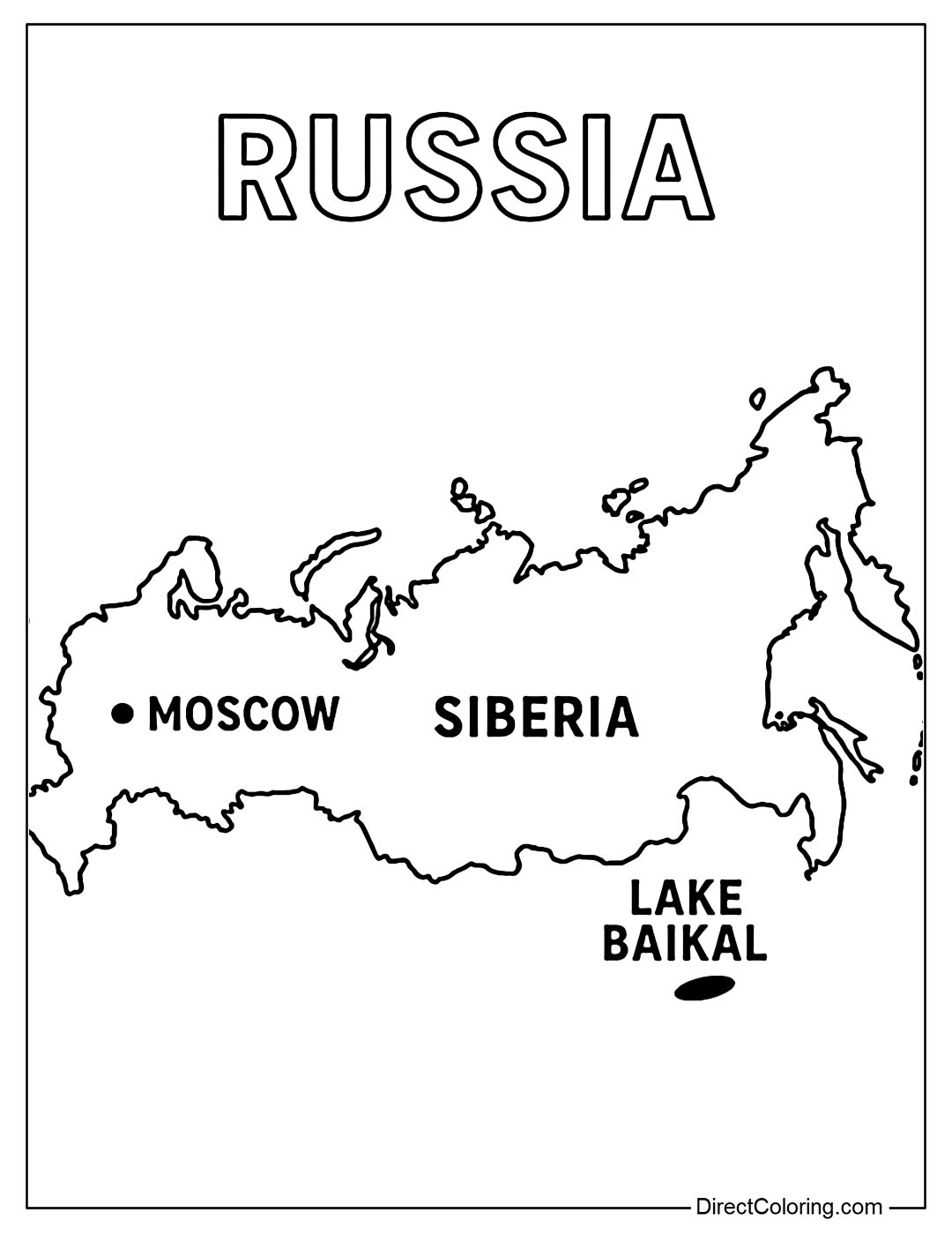 Coloring page of Russia map with Moscow, Siberia, Lake Baikal and regional symbols marked.